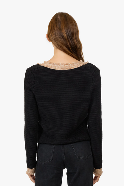 Fringed Trimmed V-Neck Jacket Sweater