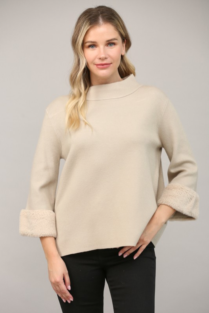 Fur Trim Mock Neck