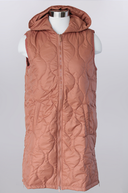Hooded long quilted puffer vest - navy and pumpkin
