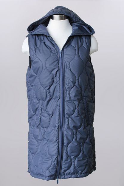 Hooded long quilted puffer vest - navy and pumpkin
