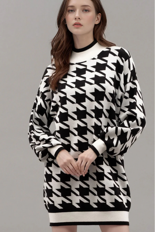 Mock Neck Houndstooth Sweater Dress