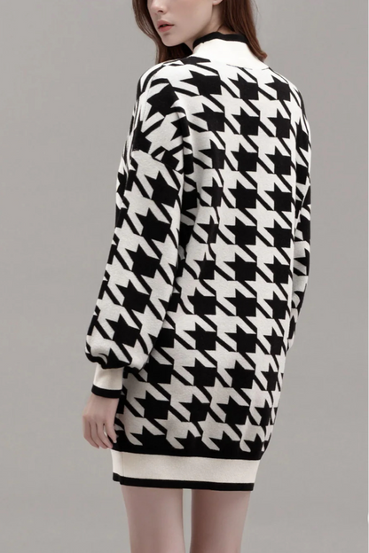 Mock Neck Houndstooth Sweater Dress
