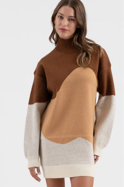 Colorblock Mock Neck Knit Sweater Dress