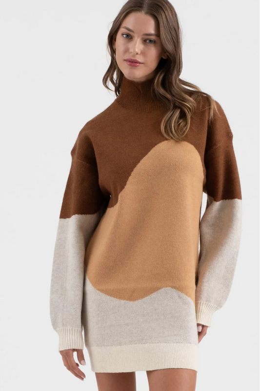 Colorblock Mock Neck Knit Sweater Dress