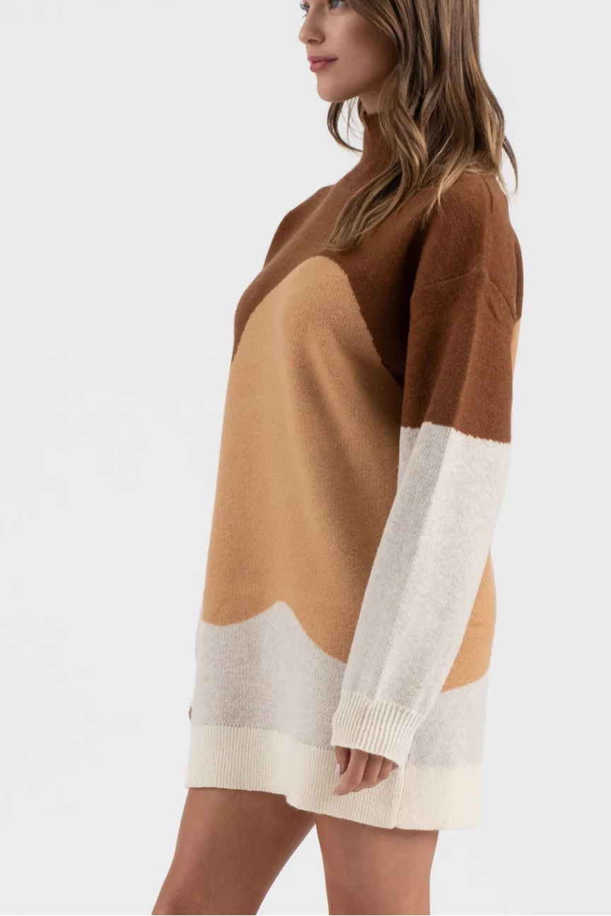 Colorblock Mock Neck Knit Sweater Dress