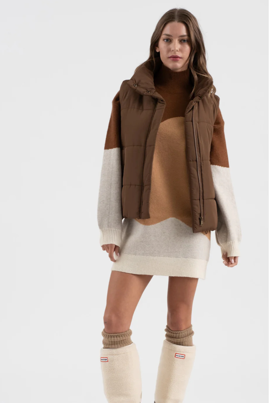 Colorblock Mock Neck Knit Sweater Dress