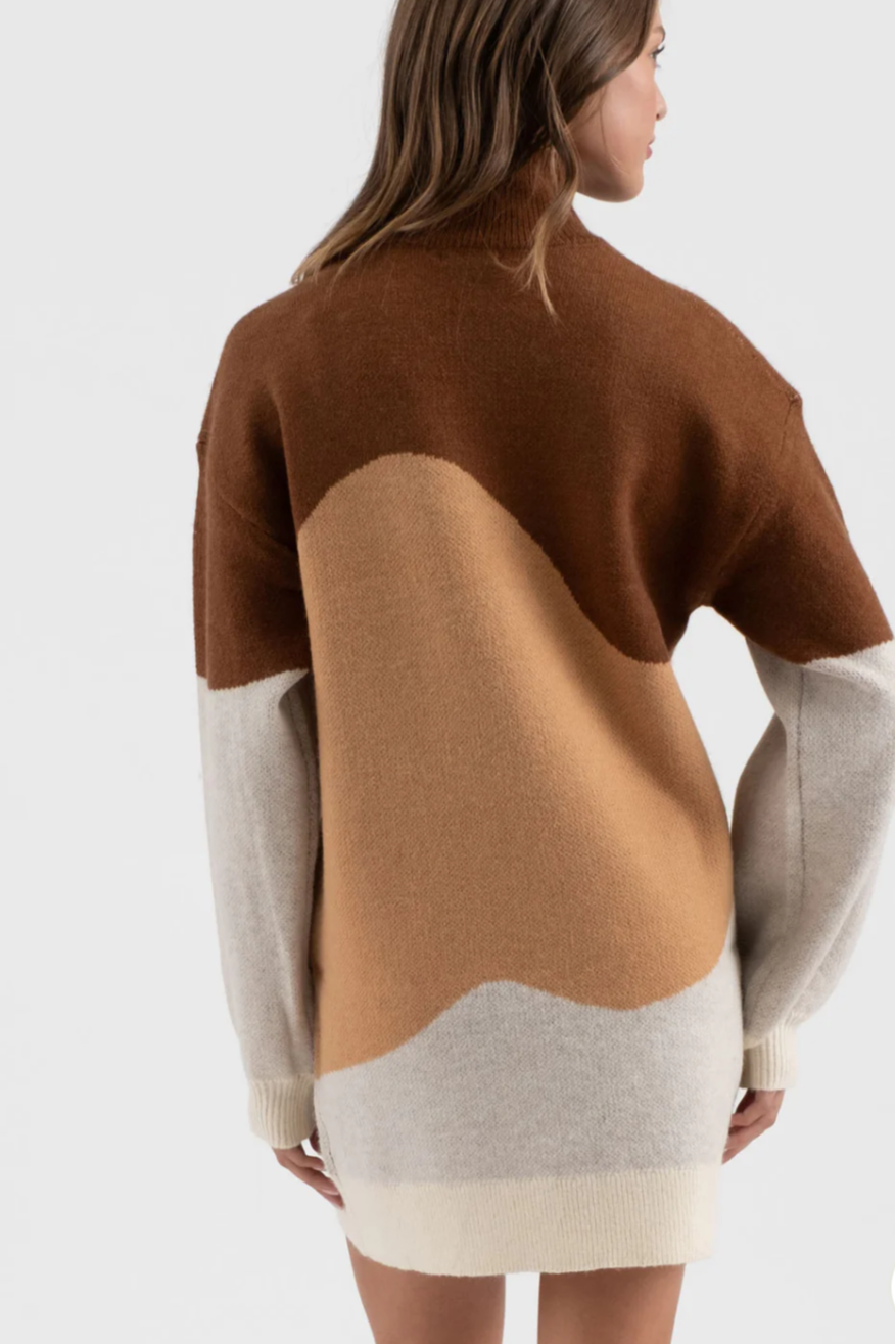 Colorblock Mock Neck Knit Sweater Dress