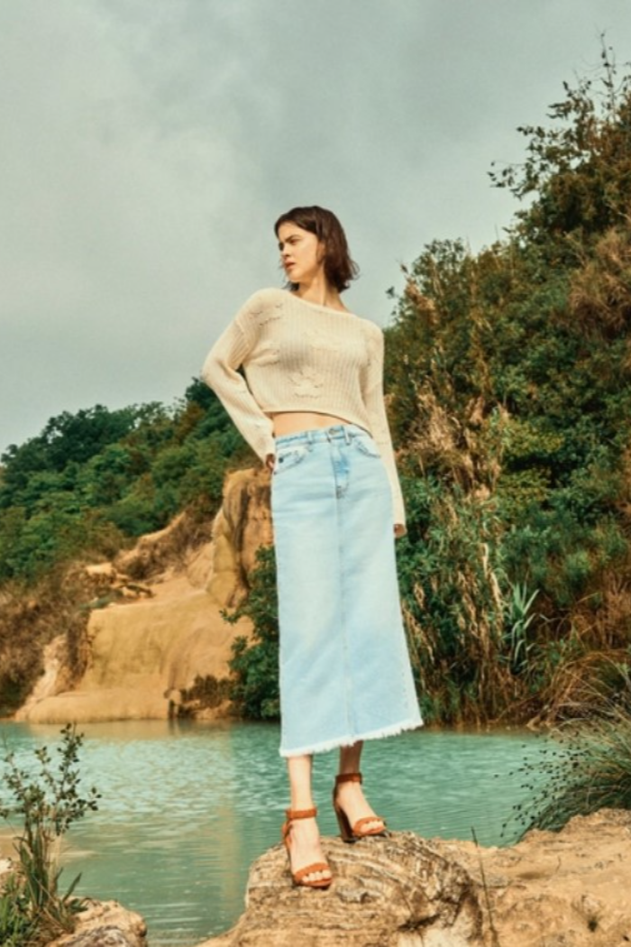 Midi High Rise Denim Contrast Skirt