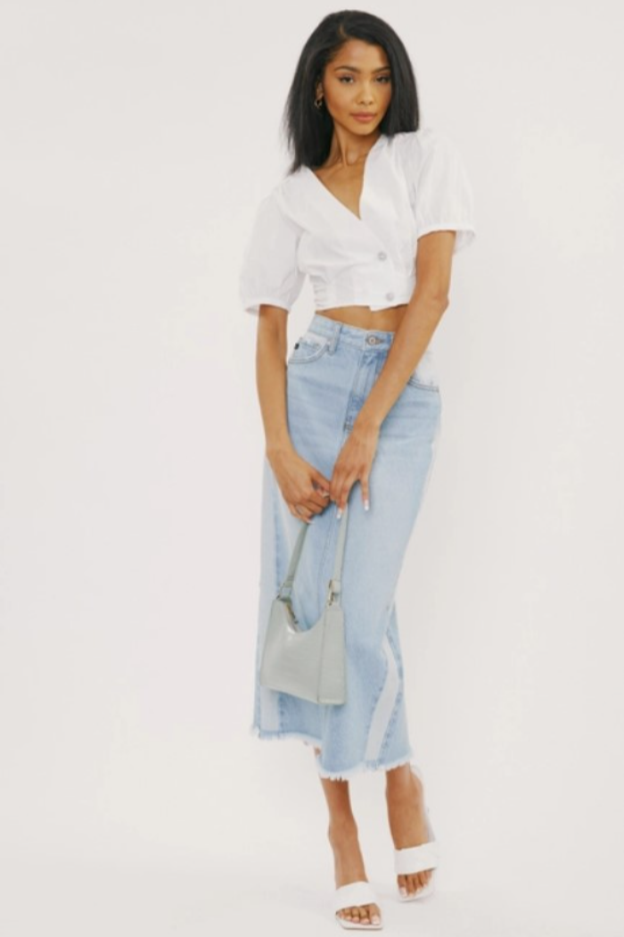 Midi High Rise Denim Contrast Skirt