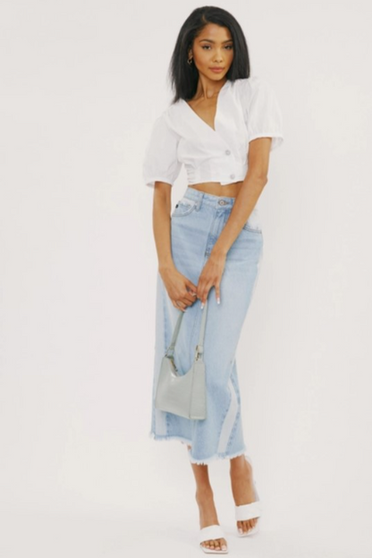 Midi High Rise Denim Contrast Skirt