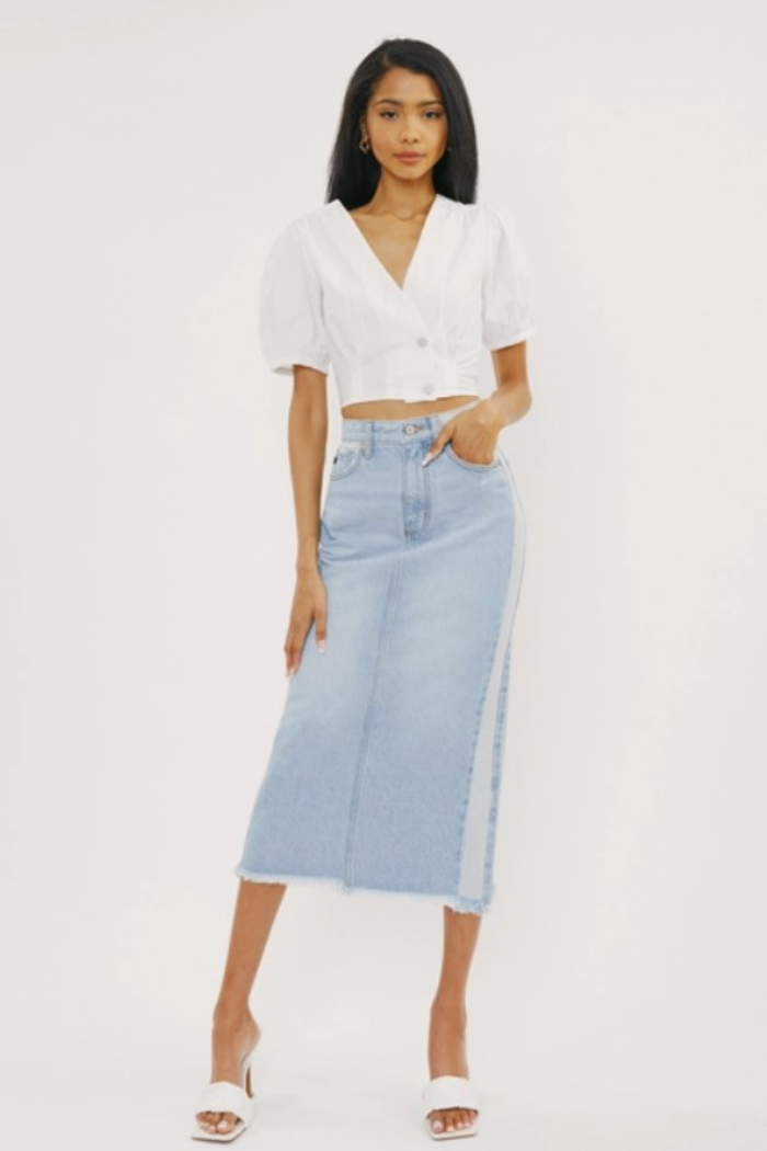 Midi High Rise Denim Contrast Skirt