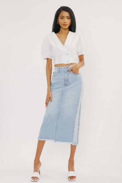 Midi High Rise Denim Contrast Skirt