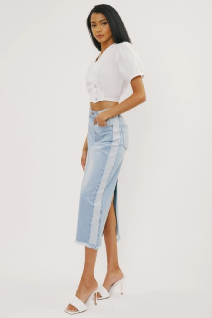 Midi High Rise Denim Contrast Skirt
