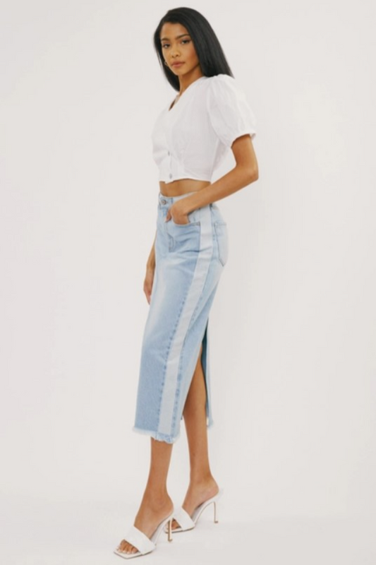 Midi High Rise Denim Contrast Skirt