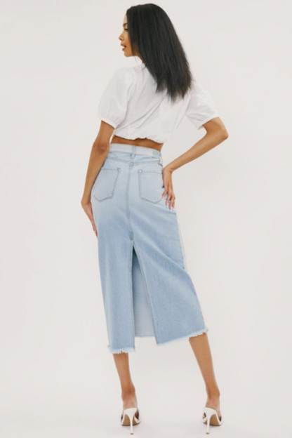 Midi High Rise Denim Contrast Skirt