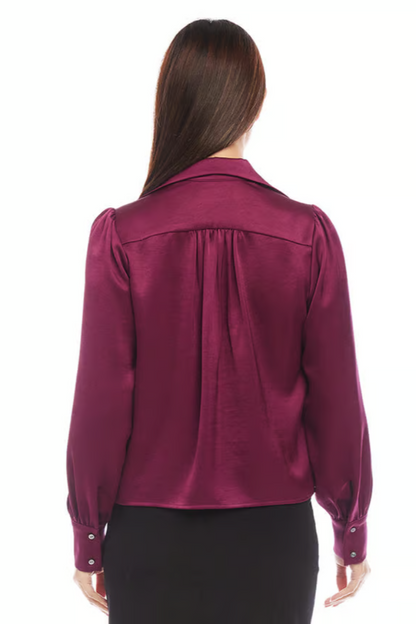 Shirred Satin Blouse - Wine