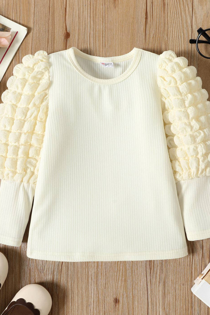 Girl's Textured Ribbed Long Puff-Sleeve Top