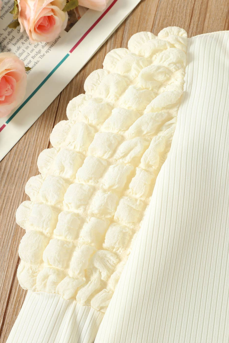 Girl's Textured Ribbed Long Puff-Sleeve Top