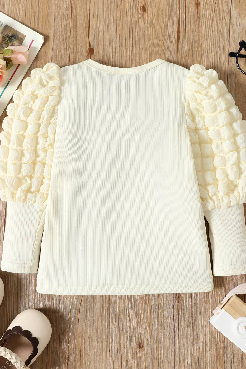Girl's Textured Ribbed Long Puff-Sleeve Top