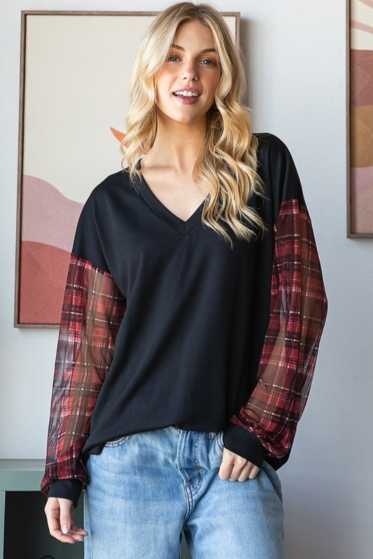 Puff Plaid Sleeve Top