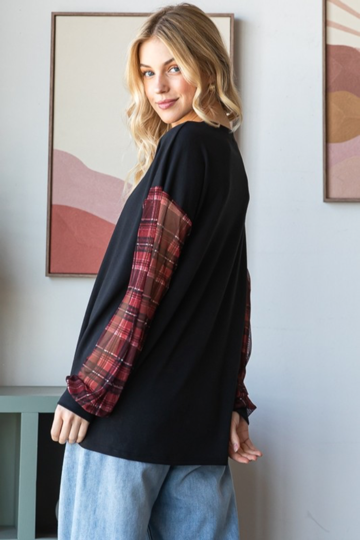 Puff Plaid Sleeve Top