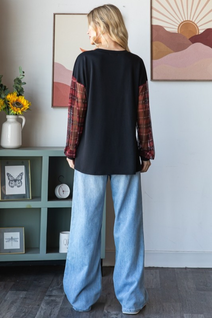 Puff Plaid Sleeve Top