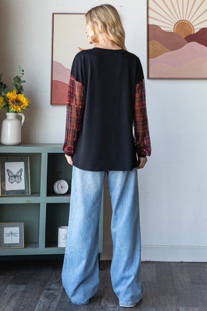 Puff Plaid Sleeve Top