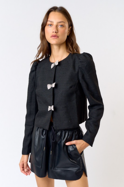 Rhinestone Bow Tweed Top