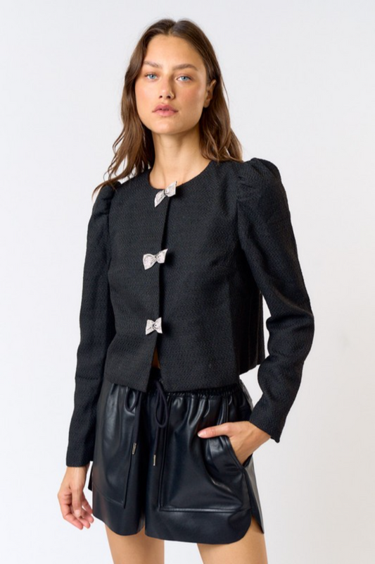 Rhinestone Bow Tweed Top