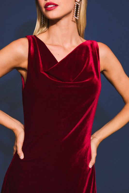Cowl Neck Velvet Midi Dress