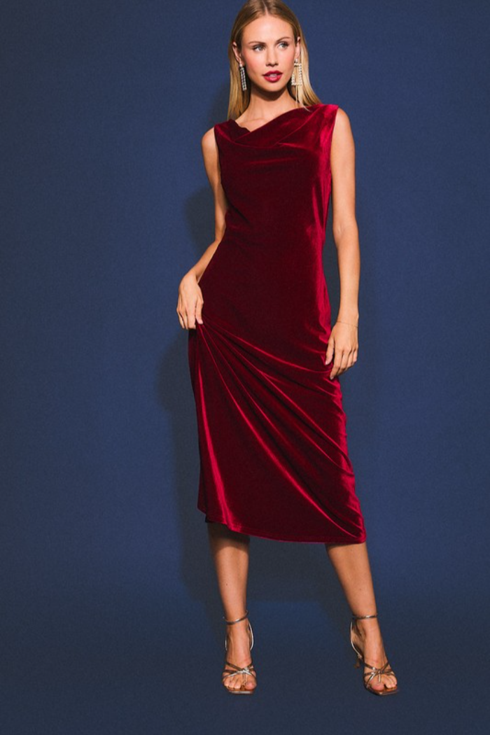 Cowl Neck Velvet Midi Dress