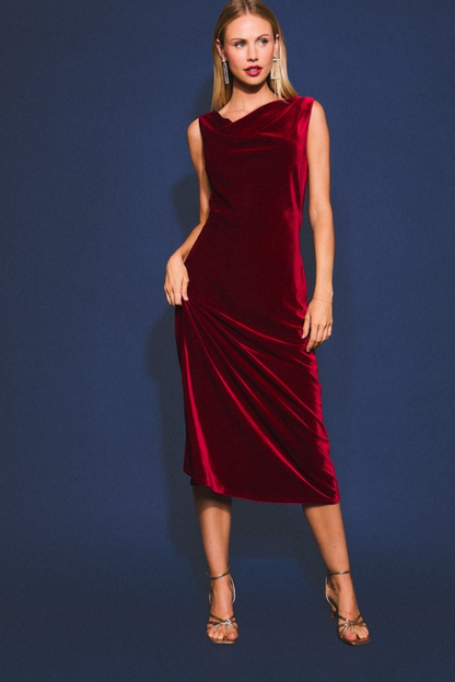 Cowl Neck Velvet Midi Dress