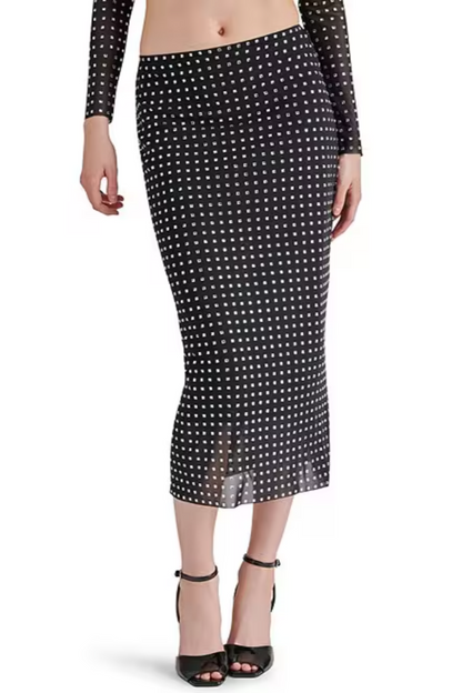 Emi Embellished Rhinestone Mesh Midi Skirt- Black
