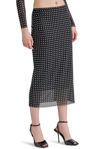 Emi Embellished Rhinestone Mesh Midi Skirt- Black
