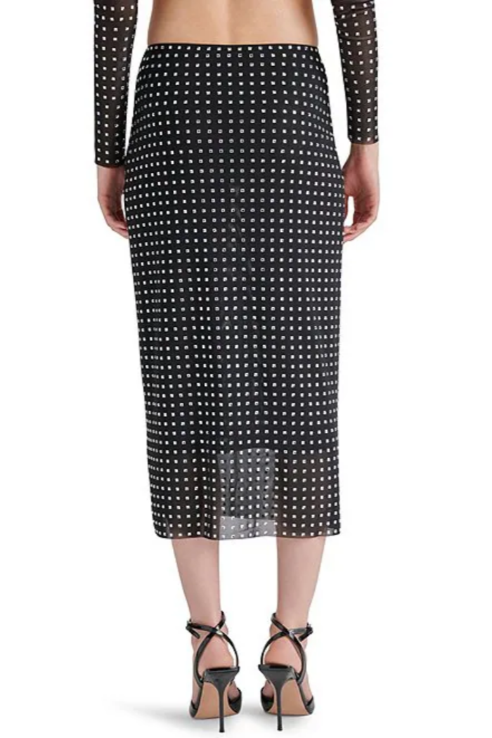 Emi Embellished Rhinestone Mesh Midi Skirt- Black