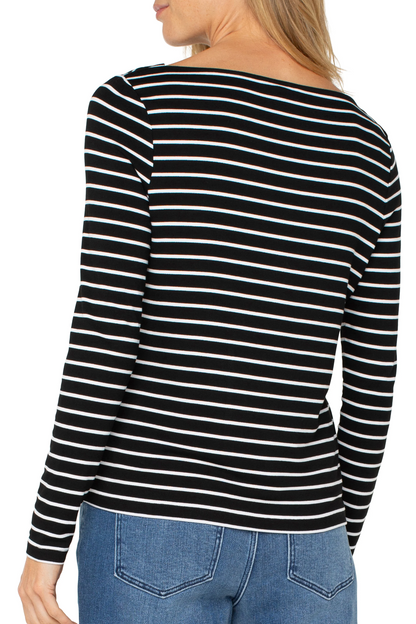Ling Sleeve Boat Neck Striped  Top