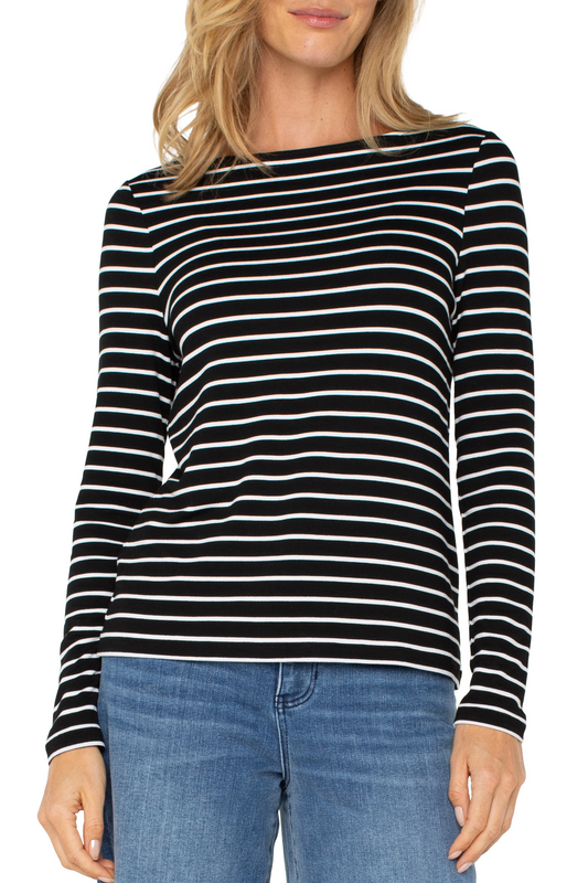 Ling Sleeve Boat Neck Striped  Top