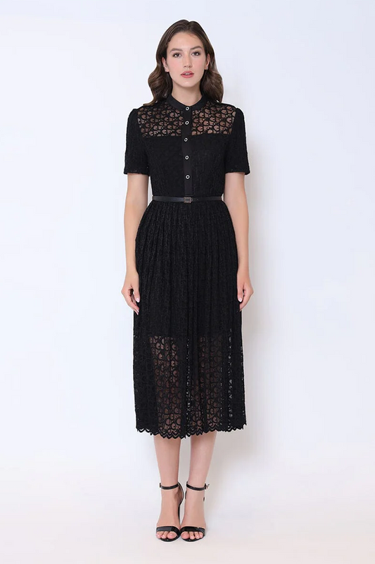 Lace Floral Button Front Mock Neck Belted Dress