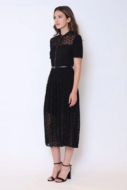 Lace Floral Button Front Mock Neck Belted Dress