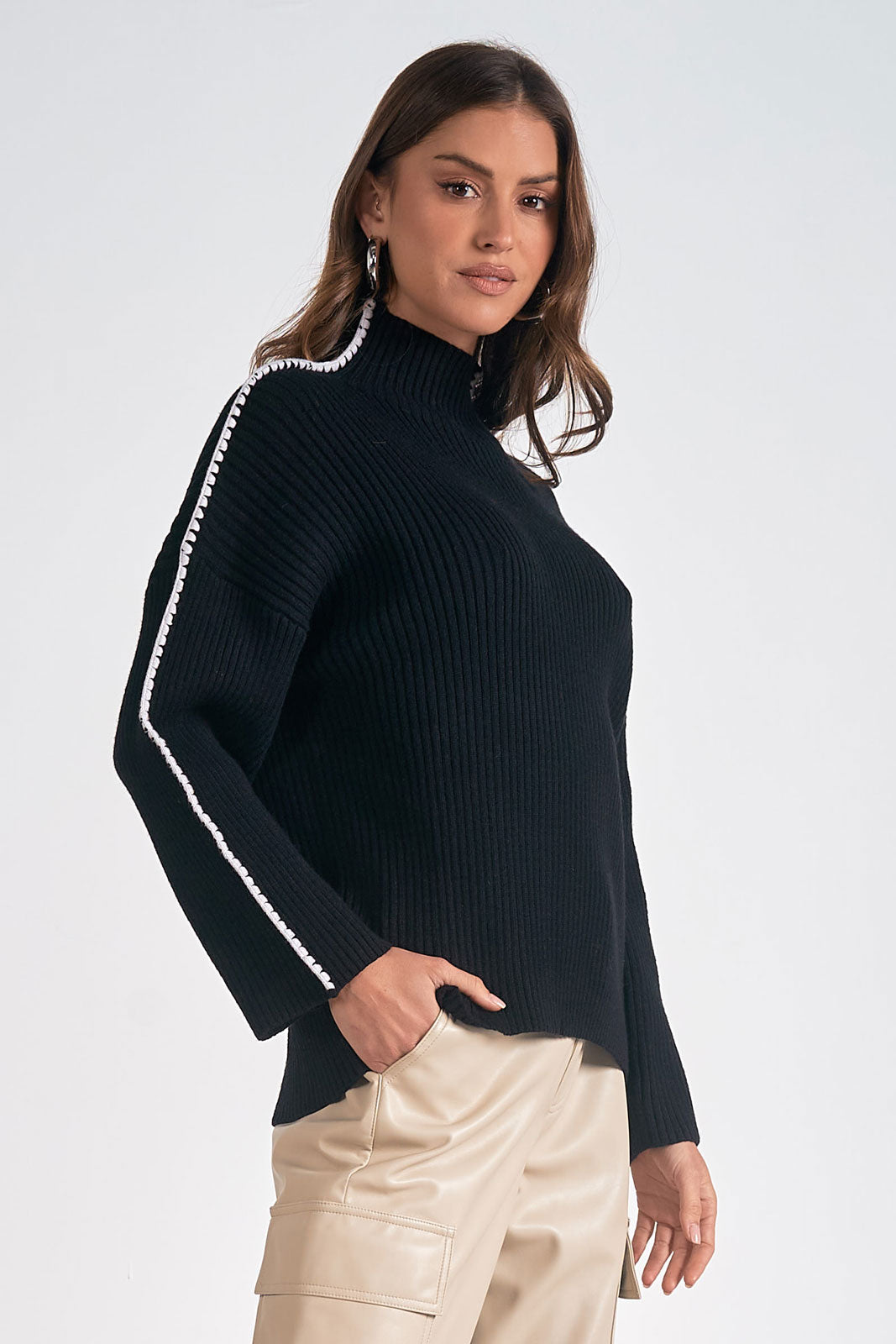 Piped Sleeve Mock Neck