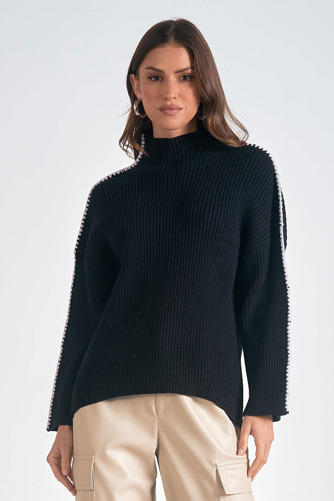 Piped Sleeve Mock Neck