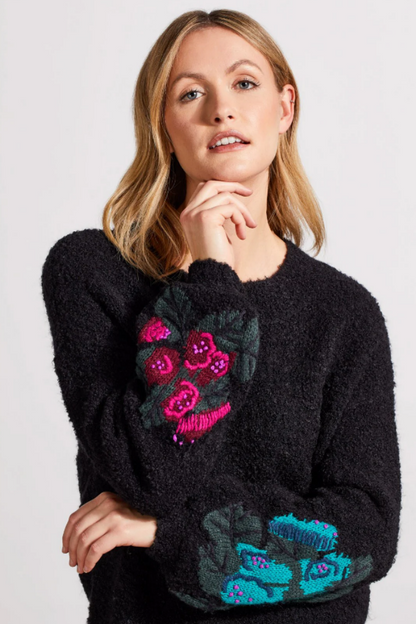 BOUCLÉ Drop Shoulder Sweater With Embroidered Sleeves