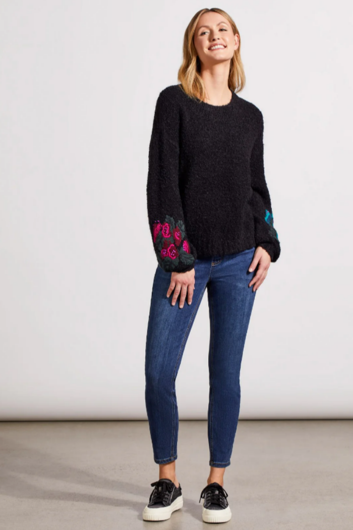 BOUCLÉ Drop Shoulder Sweater With Embroidered Sleeves