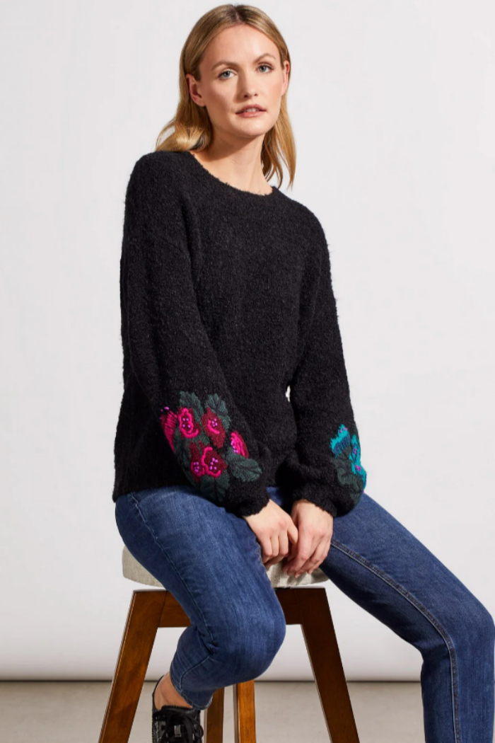 BOUCLÉ Drop Shoulder Sweater With Embroidered Sleeves