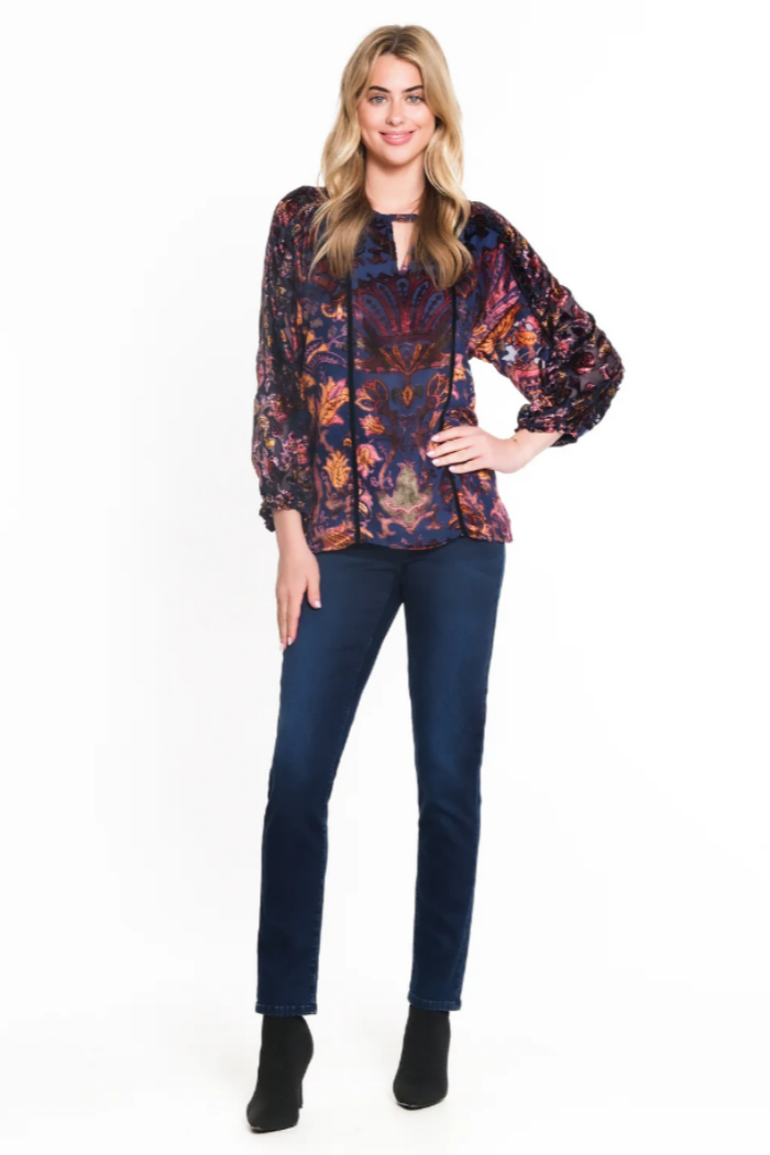 Mixed Print Burnout Ruffle Trim Top