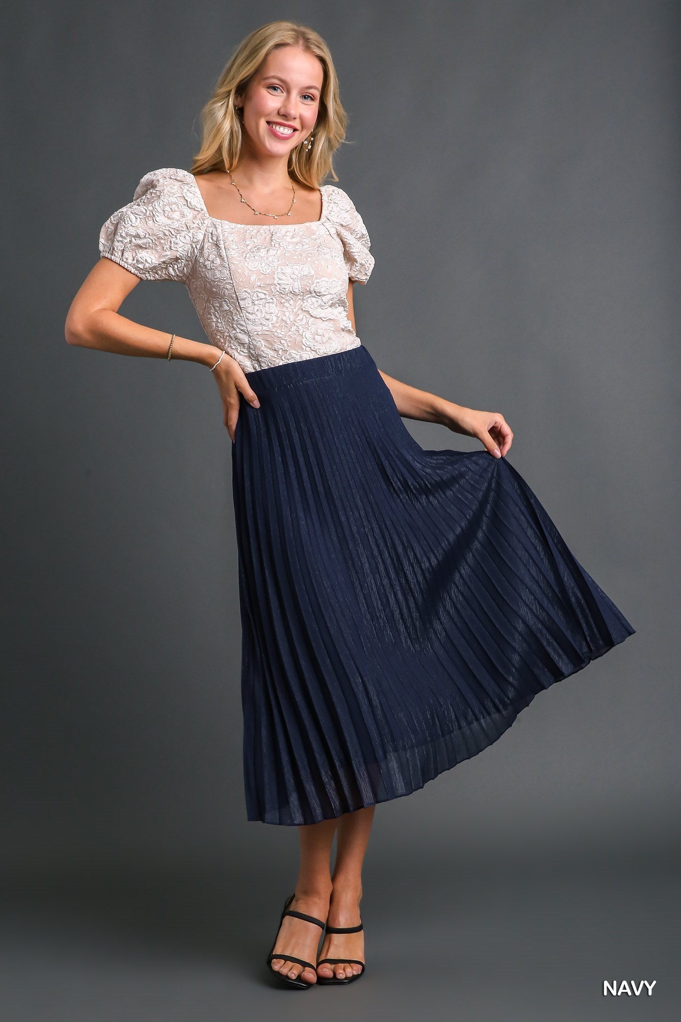 Metallic Pleated Midi Skirt