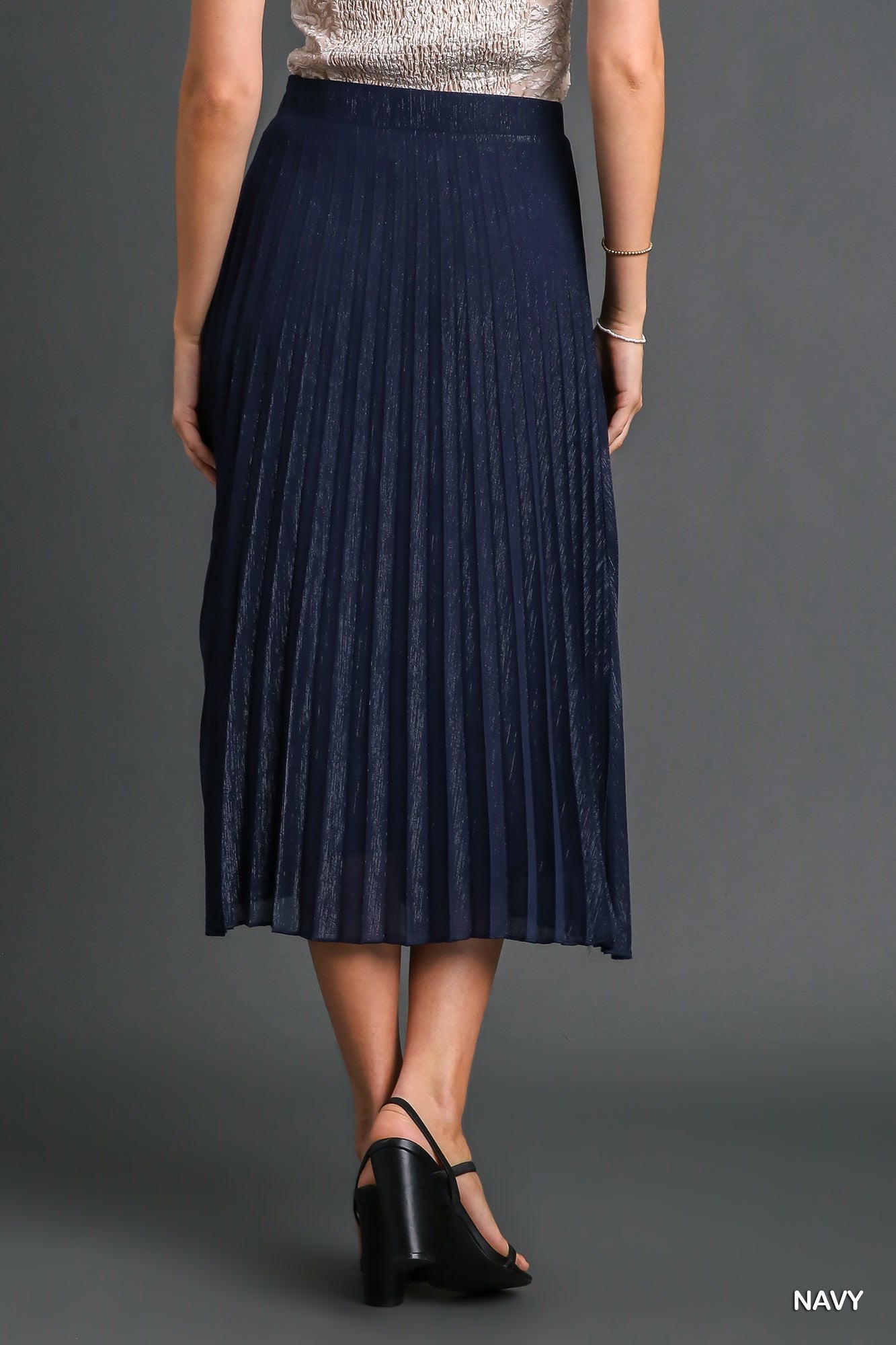 Metallic Pleated Midi Skirt