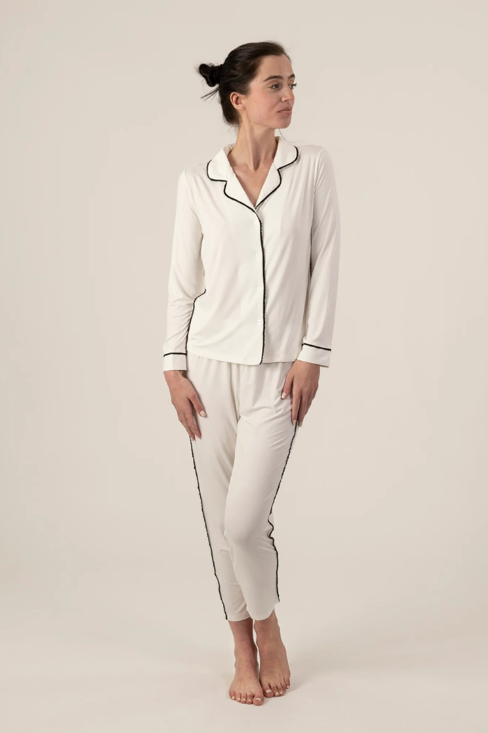 Jolene Long Pajama Set White with Black Ruffle Trim
