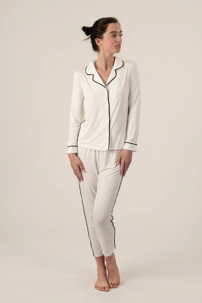 Jolene Long Pajama Set White with Black Ruffle Trim