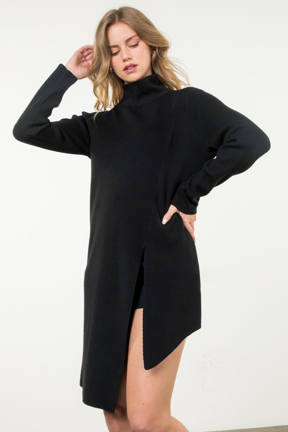Turtleneck Slit Sweater Dress